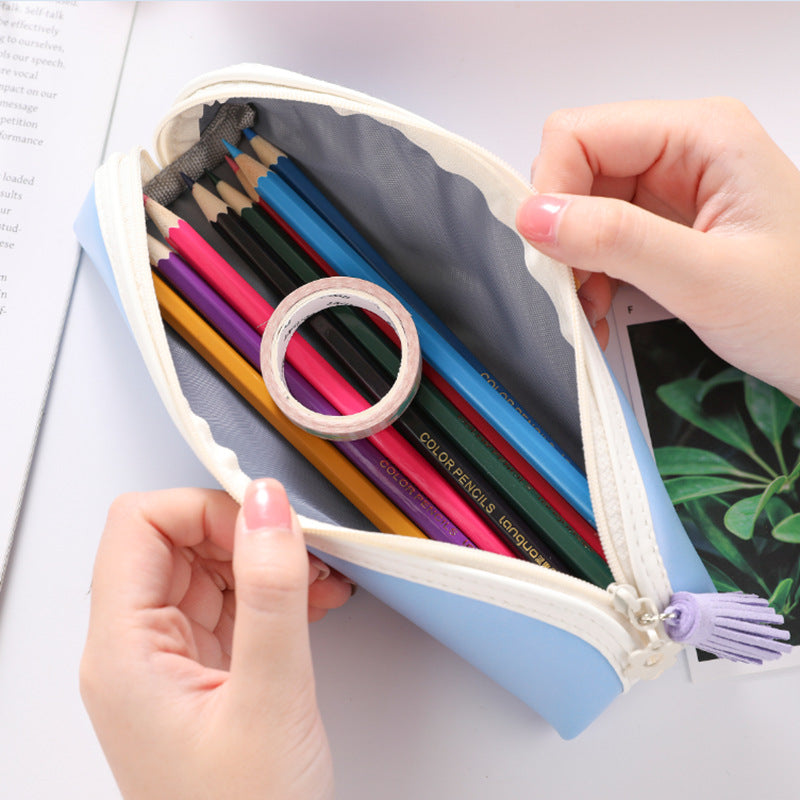 Wholesale Solid Color Pu Tassel Round Triangle Pencil Bag